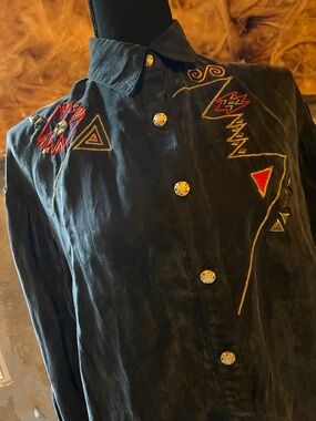 D. Frank Vintage Silk Blouse w/ Geometric Embroidery